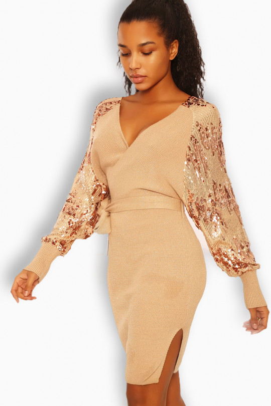 Taupe sequined wrap dress with rhinestone puff sleeves - 1