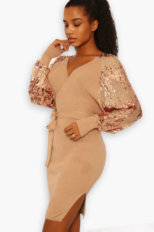Taupe sequined wrap dress with rhinestone puff sleeves - 2