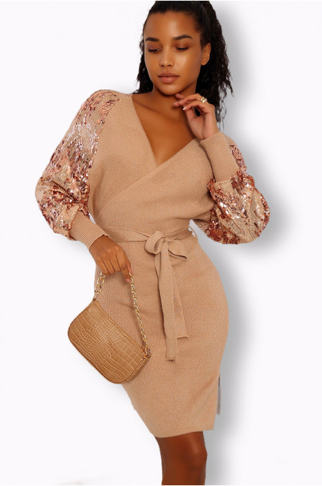 Taupe sequined wrap dress with rhinestone puff sleeves