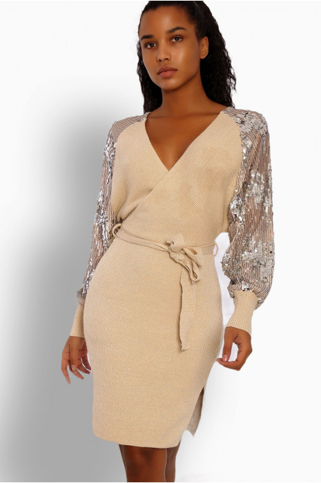 Sequined beige wrap dress with rhinestone puff sleeves