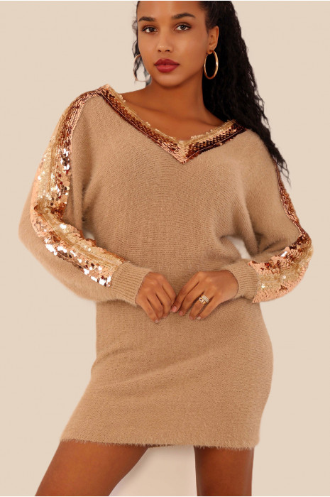 Long camel V-neck sweater with sequins - 2