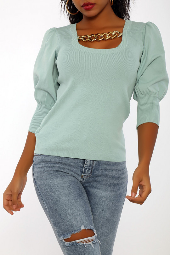 Small green sweater with square neckline and chain with puffed sleeves - 1