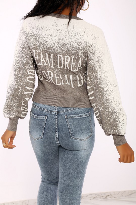 Gradient gray sweater in white puff-effect stretch material with lettering. - 1