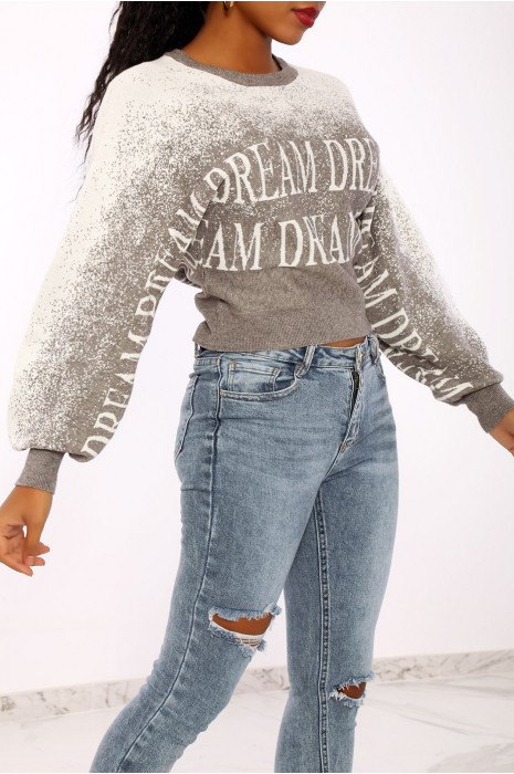 Pull gris dégradé blanc en matière stretch effet bouffant à inscription.