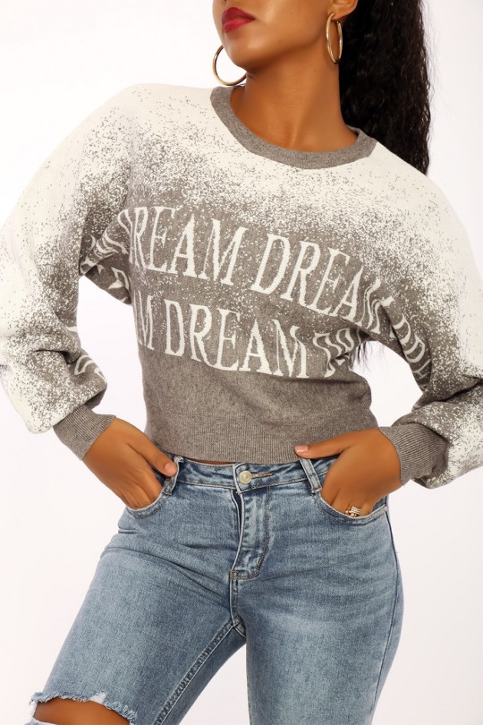 Gradient gray sweater in white puff-effect stretch material with lettering. - 3