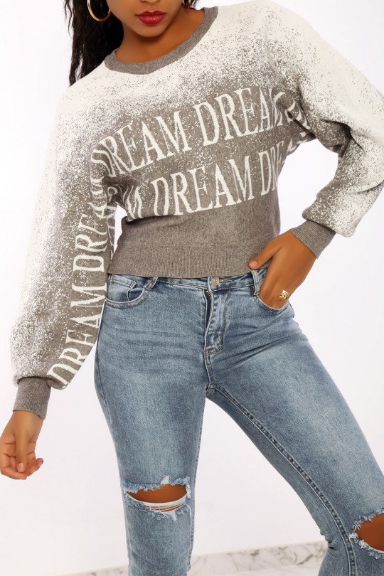 Gradient gray sweater in white puff-effect stretch material with lettering. - 4
