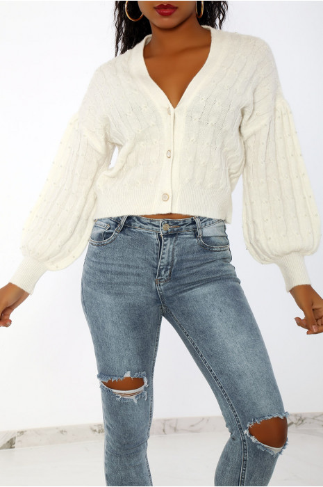 White beaded waistcoat with very soft cropped and puffed effect - 1