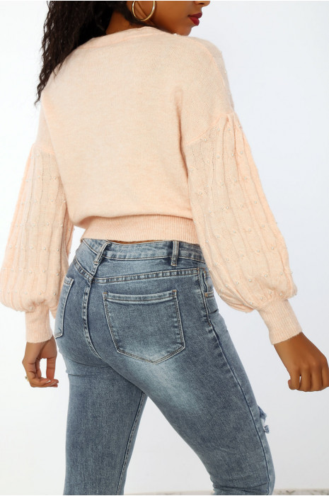 Pink cardigan with soft, cropped and puffed effect pearls - 1