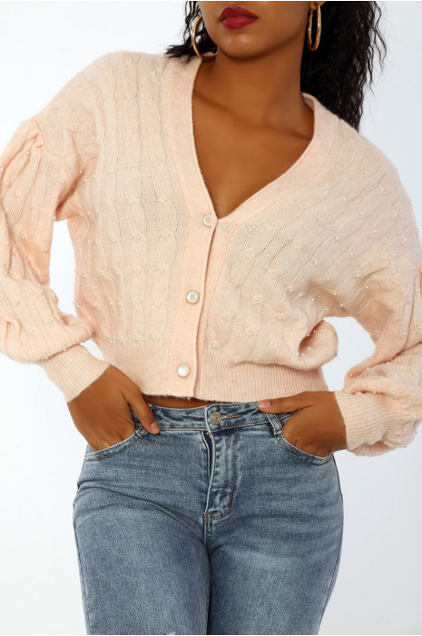 Pink cardigan with soft, cropped and puffed effect pearls - 4
