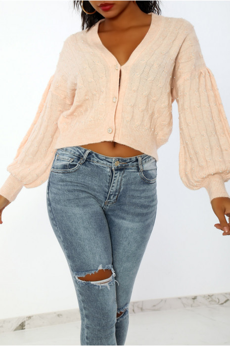 Roze vest met zachte, cropped en gepofte parels - 6