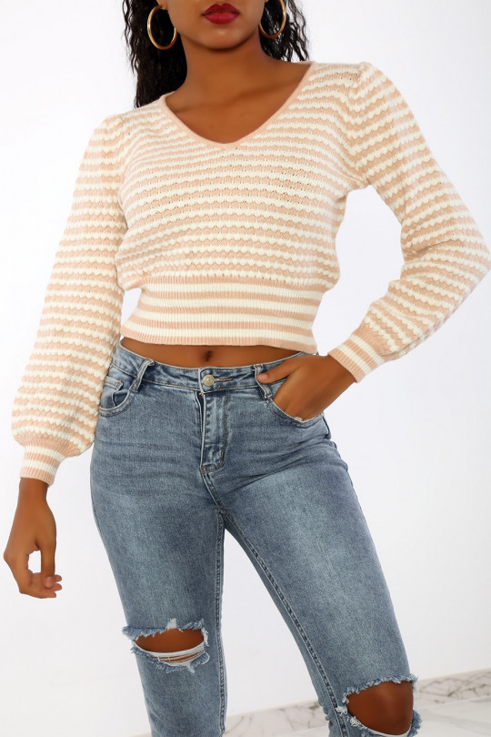 Pink striped cropped and puffed V-neck sweater - 5