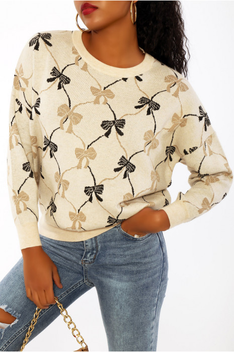 Pull bouffant beige  à col rond et imprimé noeuds papillons - 2
