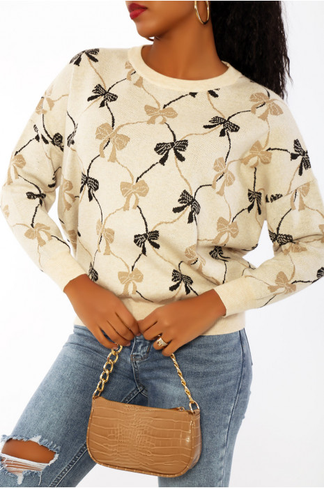 Pull bouffant beige  à col rond et imprimé noeuds papillons - 5