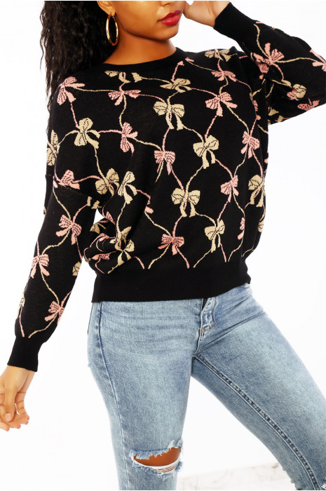 Pull bouffant noir  à col rond et imprimé noeuds papillons - 2