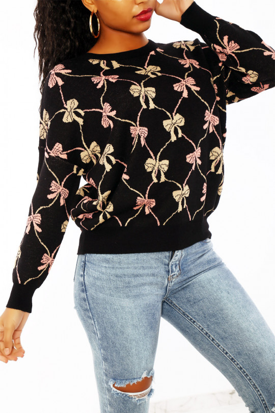 Black puffy sweater with round neck and bow tie print - 2