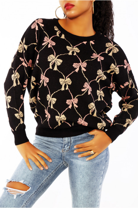 Black puffy sweater with round neck and bow tie print - 3