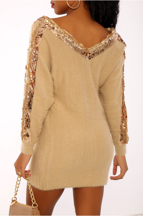 Pull long col V beige à sequins - 1