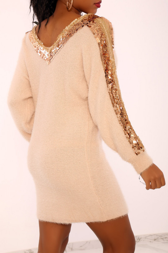 Long pink sequined V-neck sweater - 1