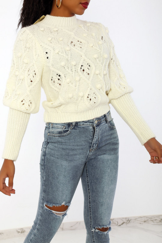 White braided knit sweater with pompom details - 5