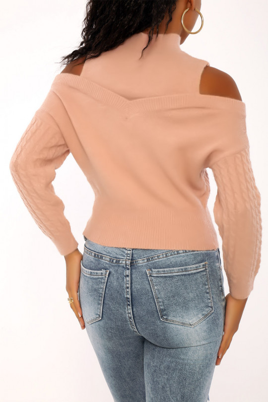 Pink sweater with very soft braided knit and dropped sleeves - 1