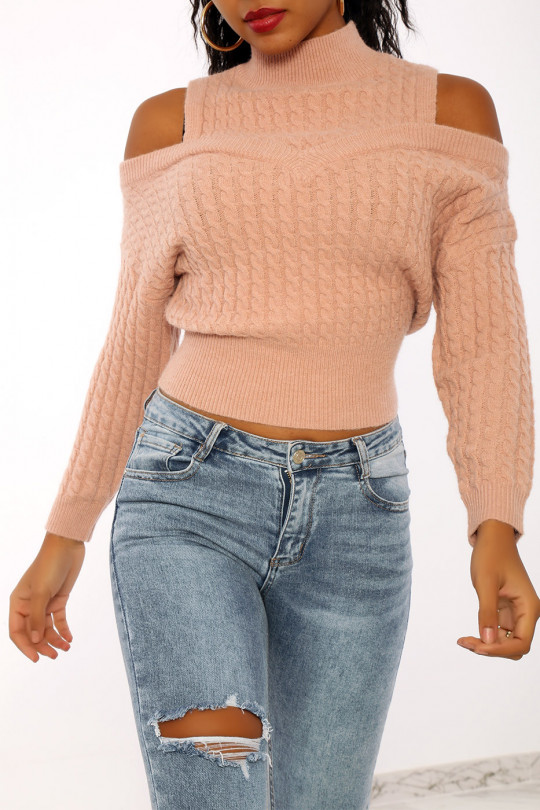 Pink sweater with very soft braided knit and dropped sleeves - 3