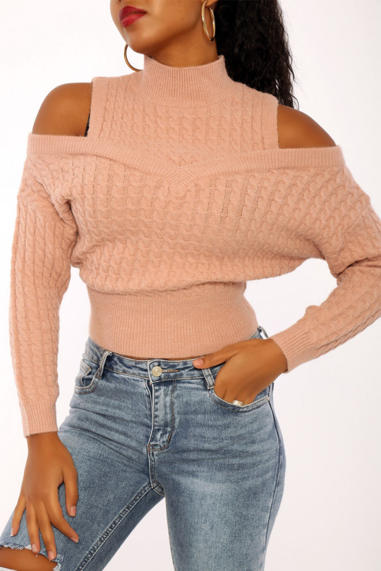 Pink sweater with very soft braided knit and dropped sleeves - 4