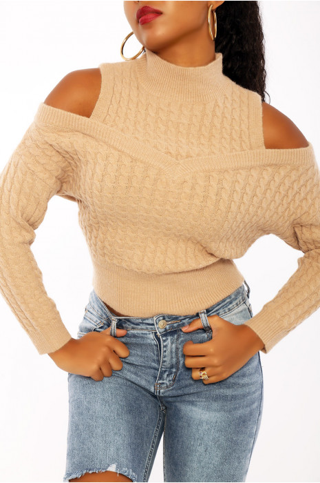 Pull taupe à en maille tressée très douce et à manches tombantes - 1