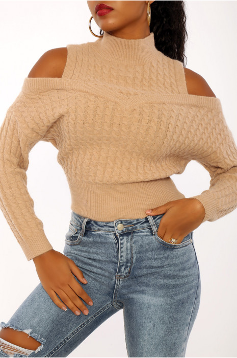 Pull taupe à en maille tressée très douce et à manches tombantes - 3
