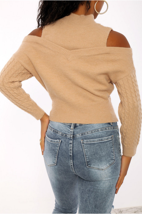 Pull taupe à en maille tressée très douce et à manches tombantes - 4
