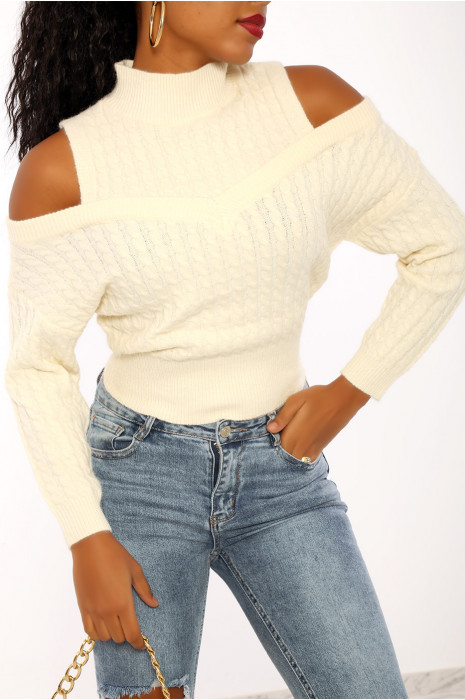 Pull blanc à en maille tressée très douce et à manches tombantes - 3