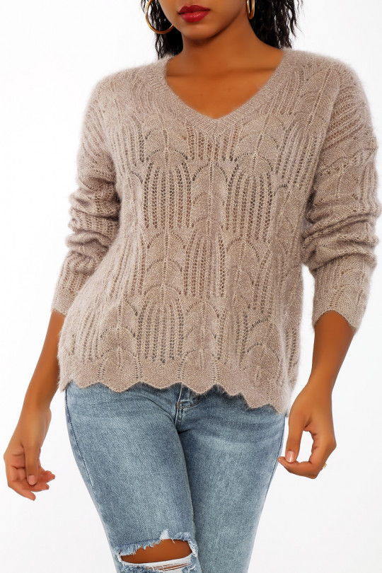V-neck sweater in very soft openwork knit in glittery taupe color - 2