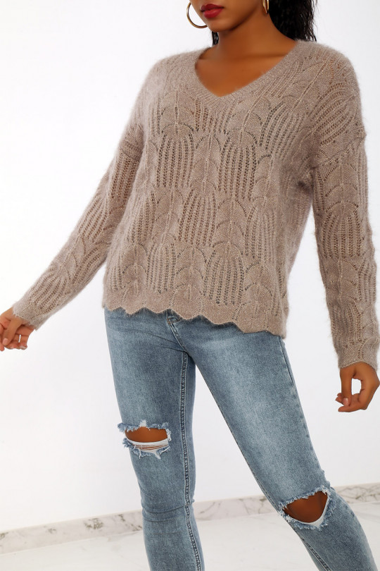 V-neck sweater in very soft openwork knit in glittery taupe color - 3
