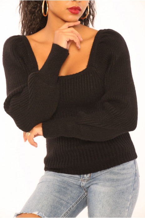 Black tight sweater with square neckline and balloon sleeves - 5
