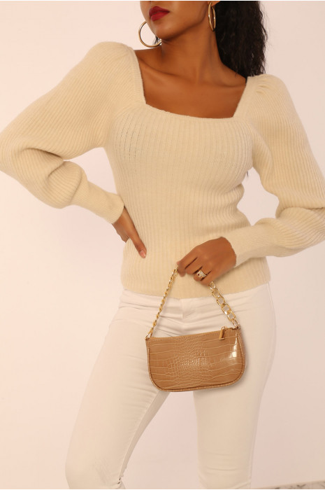 Pull moulant beige à décolleté carré et manches ballon - 3