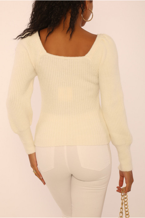 Pull moulant blanc à décolleté carré et manches ballon - 1