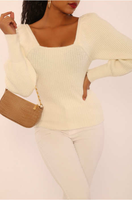 Pull moulant blanc à décolleté carré et manches ballon - 3