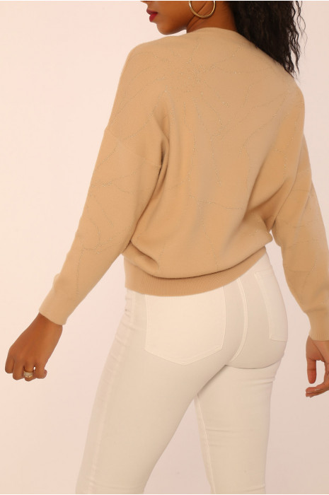 Pull beige effet bouffant à coupe classique et motifs brillants - 1