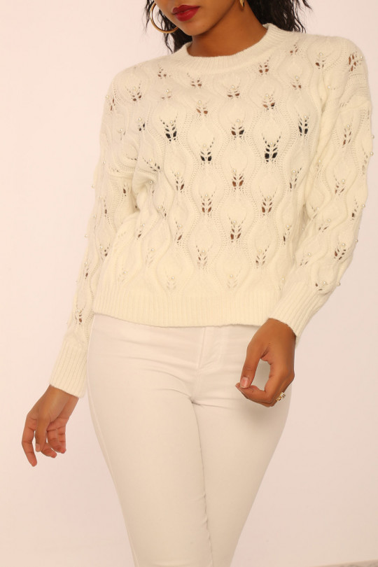 White openwork knit sweater with pearl details - 2