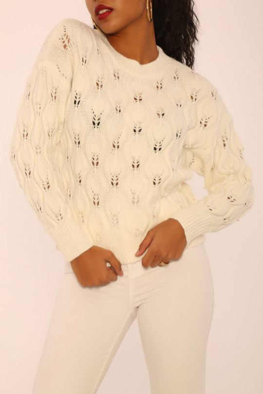 White openwork knit sweater with pearl details - 3