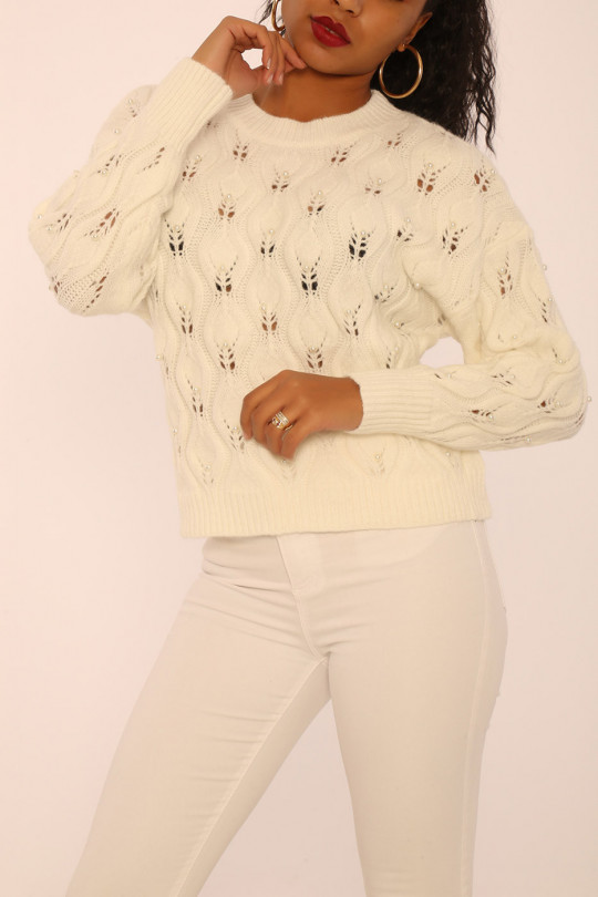White openwork knit sweater with pearl details - 4