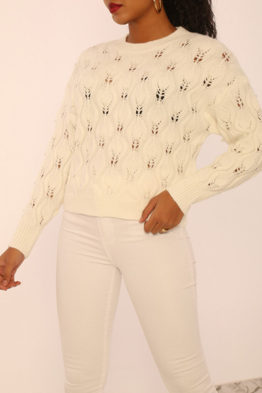 White openwork knit sweater with pearl details - 5