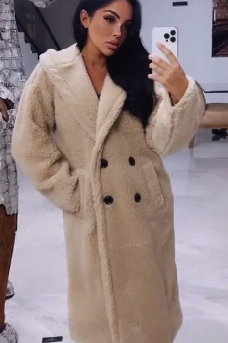 Warm beige knee-length coat with toupee effect with lapel collar and hood - 1
