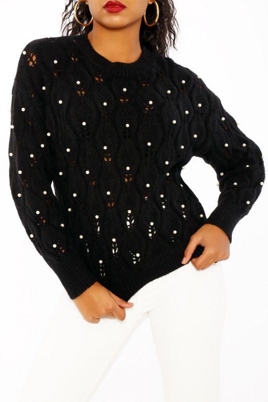 Black openwork knit sweater with pearl details - 3
