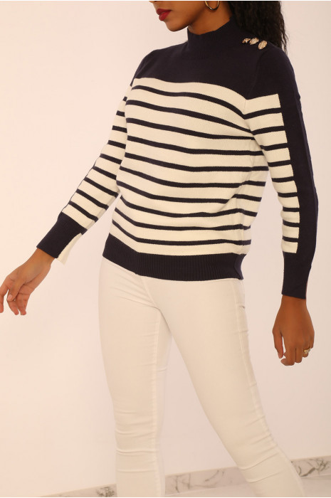 Pull marinière bleu marine à boutons et col cheminée - 2