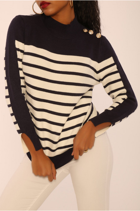 Pull marinière bleu marine à boutons et col cheminée - 3