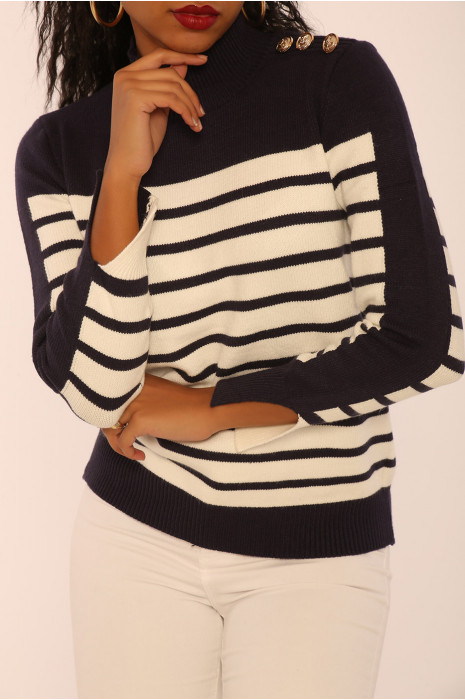 Pull marinière bleu marine à boutons et col cheminée - 4