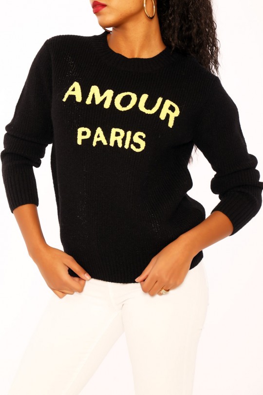 Black round-neck sweater with AMOUR PARIS lettering - 1
