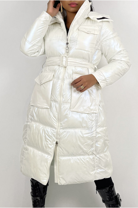 Lang iriserend wit gewatteerd pufferjack met riem in de taille - 3