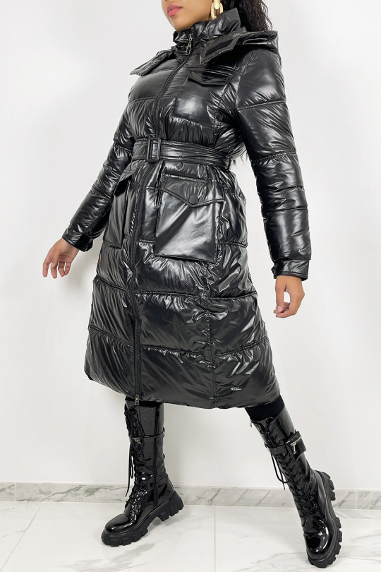 Lange metallic zwarte gewatteerde jas met riem in de taille - 1