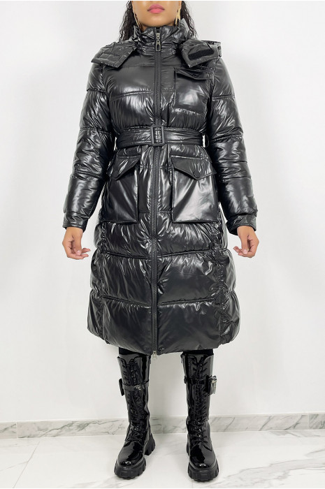 Long metallic black padded jacket belted at the waist - 2